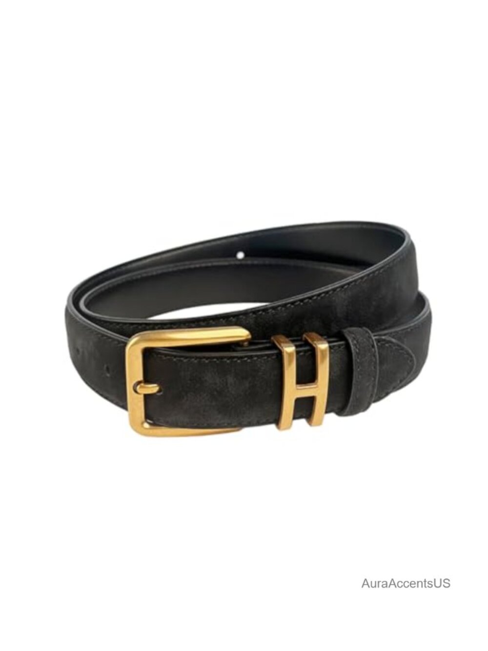 Genuine Suede Leather Belt for Women, 2.8cm Width Gold H-Buckle, Adjustable